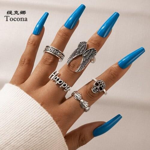 Tocona 5pcs/sets Vintage Silver Color Wing Skull Halloween Ring Sets for Women Men Happy Letter Pumpkin Jewelry Anillo 20425