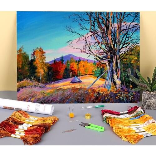 Landscape Mount Magura Printed Water-Soluble Canvas 11CT Cross Stitch Embroidery Kit DMC Threads Handmade Sewing Package