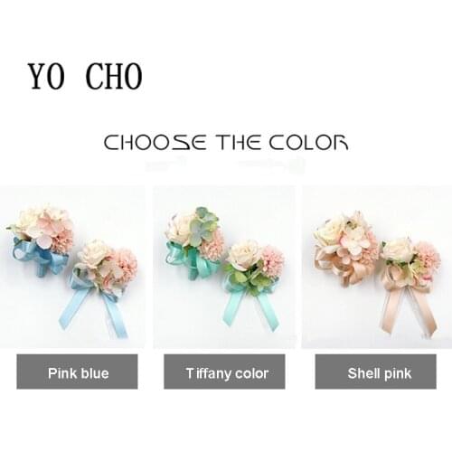 YO CHO Bridal Bridesmaid Flower Wrist Corsage Artificial Silk Open Rose With Flexible Band for Prom Wedding Party Decoration