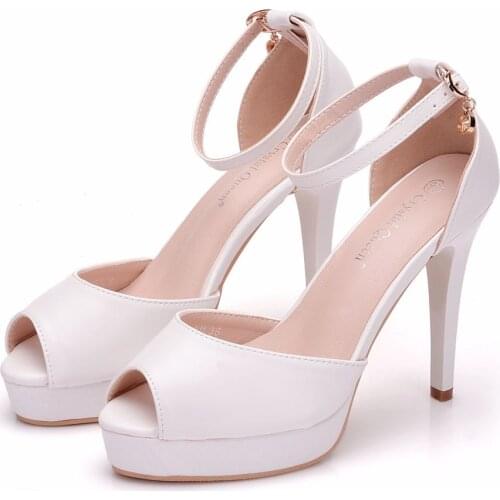 Crystal Queen Women Sandals Platform Open Gladiator Party Ankle Strap white Concise High Heel Pumps 11CM Sandals Shoes Wedges
