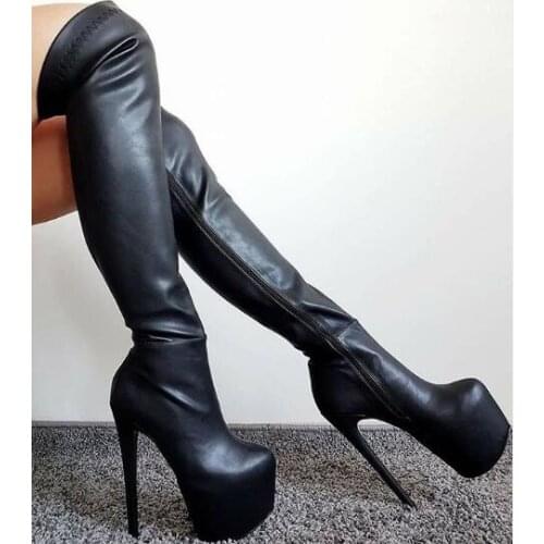 Moraima Snc Black PU leather Over the Knee High Heel Boots Super High Platform Long Boots Woman Runway Shoes