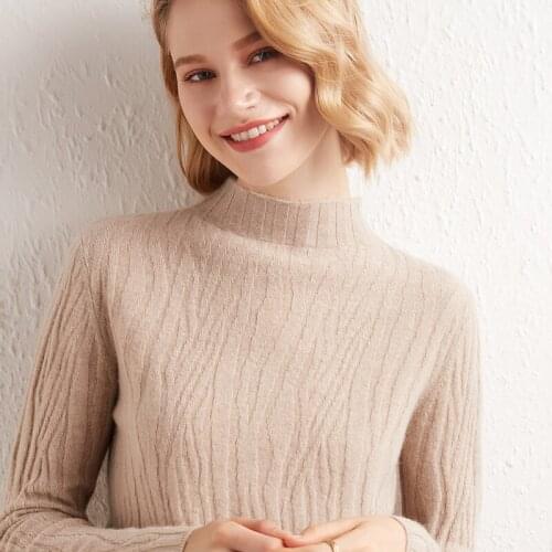 Zocept 2021 New Mock Neck Cashmere Sweater Womens Fashion Slim 100% Wool Pullover Top Solid Striped Long Sleeve Female Jumpers