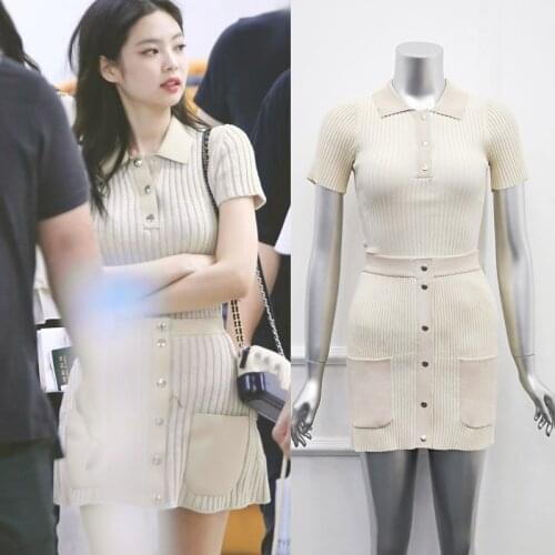 Kpop Korean Celebrity Summer New Fashion Lapel Short Sleeve Sweaters Tops+Sexy Knit Slim Knee-Length Skirts Women Two-Piece Sets