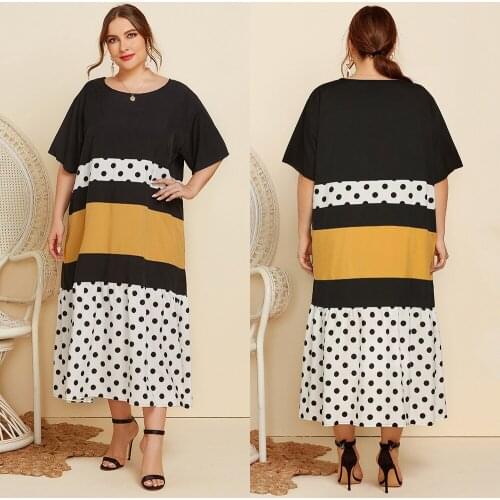 Women Wave Point Long Dress Black Plus Size Ladies Maxi Dresses Fashion Patchwork Short Sleeve Loose Casual Plus Size Dress