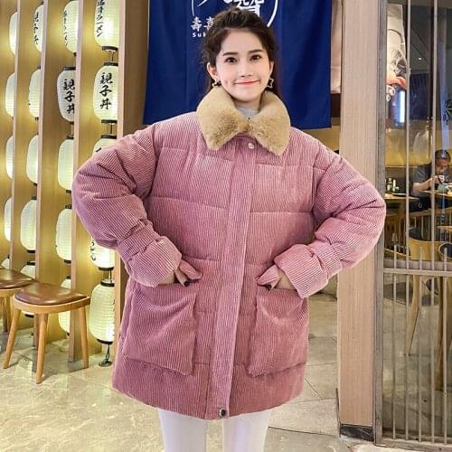 Winter Thick Corduroy Womans Cotton Padded Jackets Fur Turn Down Collar Ladies Warm Coat Female Casual Long Sleeve Solid Parkas
