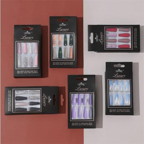 30pcs Coffin Nail Head Wear-Resistant Long Nail Sticker Ballet Fake Nails With Shiny Rhinestone Design Fully Covering Nail Tips