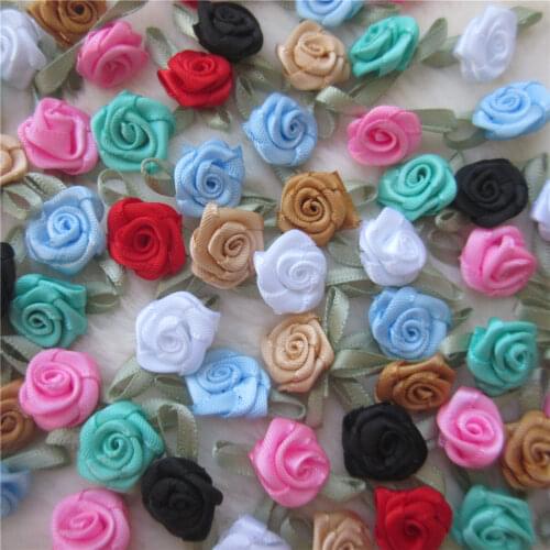 50PCS/Lot Mini Handmade Satin Rose Ribbon Rosettes Fabric Flower Appliques For Wedding Decoration Craft Sewing Accessories