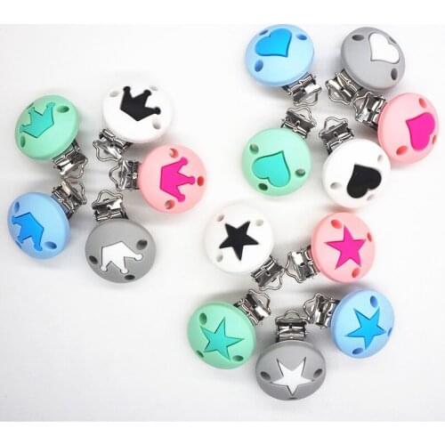 Chenkai 50PCS Round Heart Star Crown Silicone Baby Pacifier Dummy Teether Chain Holder Soother Nursing Toy Clips