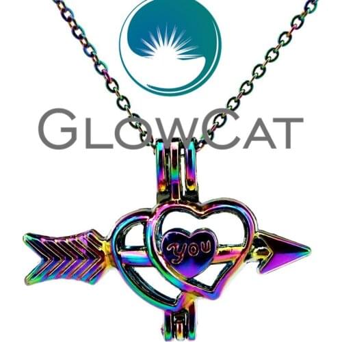 CC497 Women Girl Rainbow Color Love Arrow Heart Beads Cage Pendant Essential Oil Diffuser Aroma Pearl Cage Locket Necklace