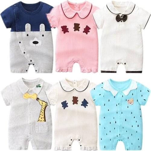 Baby Summer Wear Bodysuit Thin Short Sleeve Pure Cotton Jumpsuit Cute Cartoon Korean Babies Clothes Climbing Clothing 0-3years