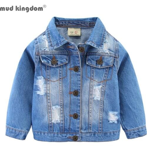 Mudkingdom Boy Girls Denim Jacket Autumn Winter Fashion Long Sleeve Ripped Cute Pattern Children Clothing Denim Top Kids Clothes
