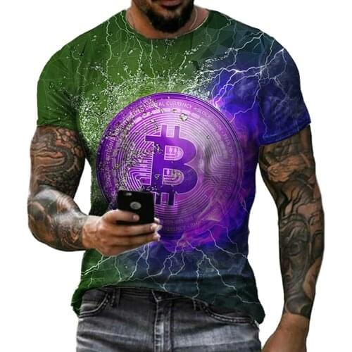 Summer Mens T-shirt O-neck Loose Short Sleeve Pullover Letter Bitcoin Printed Pattern Casual Designer Clothes Polyester Materia