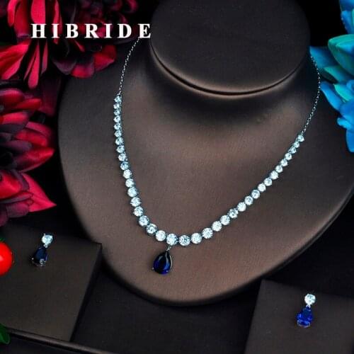 HIBRIDE Fashion Blue Water Drop Shape Jewelry sets For Women Jewelry Accessories Pendant Necklace Set Shiny CZ Jewelry N-558