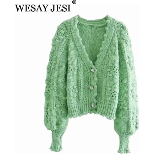 WESAY JESI Cardigan For Women Autumn Fashion Gemstone Button Pompom Hollow Detail Knitted Cardigan Retro Long-sleeved Sweater