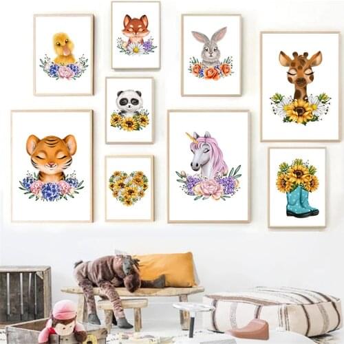 Sunflower Baby Animal Canvas Painting Fox Giraffe Panda Poster Nursery Wall Art Print Nordic Wall Pictures Baby Kids Room Decor