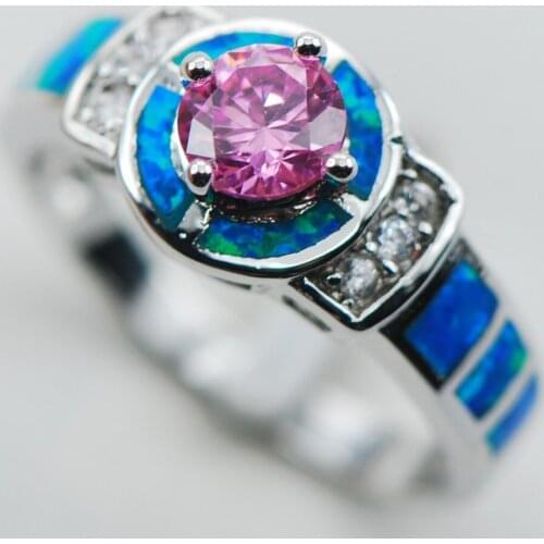 Pink Crystal Zircon Blue Opal 925 Sterling Silver Ring Size 6 7 8 9 10 R1311