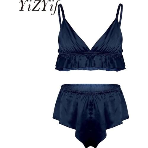 Men Sissy Lingerie Gay Male Panties Bowknot Jockstraps Ruffled Bra Top with Triangle Briefs Underwear Set Gay Male Cross Dresser