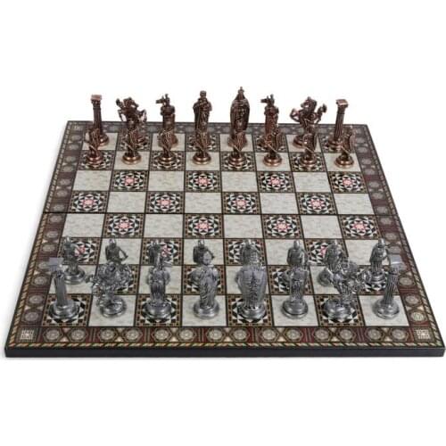 Royal British Army Antique Copper Metal Chess Set for Adults, handmade Pieces and Mosaic Design Wooden Chess Board King 8 cm