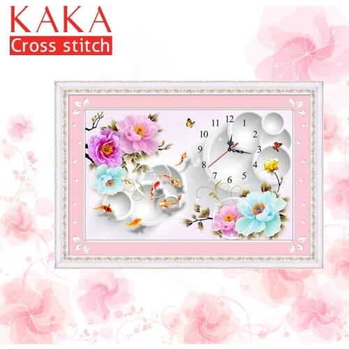 KAKA Cross stitch kits Embroidery needlework sets with printed pattern,11CT canvas,Home Decor for garden House,5D Clock Flowers