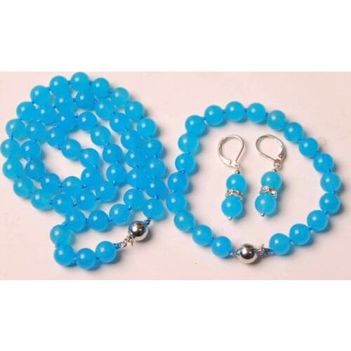 Charming Women Gift 10mm Blue Chalcedony Amazon Chain Necklace Bracelet Earrings Set girl Jewelry Wholesale and Retail