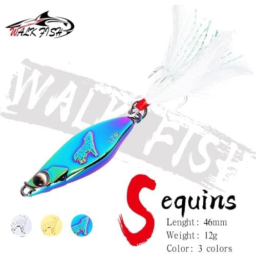 WALK FISH 46MM 12G Sequin Bait Fishing Lures Spoon Sinking Hard Bait Feather Treble Hook Wobbler Metal BaitJig Fishing Tackle