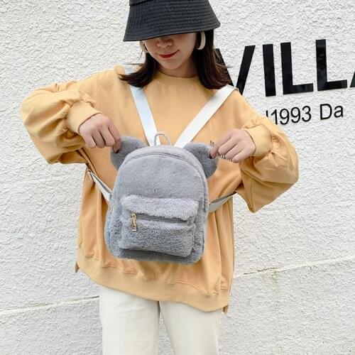 Mini Backpack For Girls Cute 2021 New Bear Ears Plush Women Backpack Girl Group Faux Fur Shoulders Bag Furry Ladies Bagpack