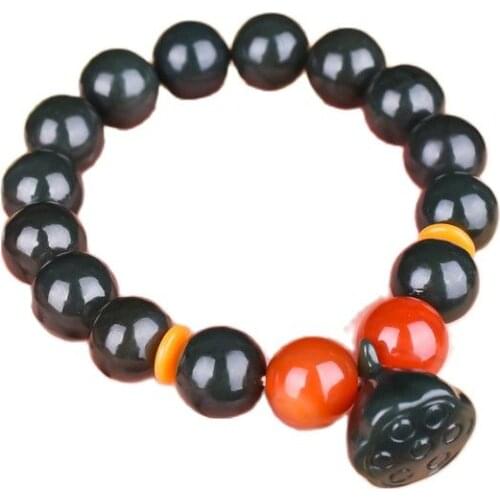 Xinjiang Hetian Jade Buddha Bead Green Jade Agate Bracelet Fashion Lotus Seed