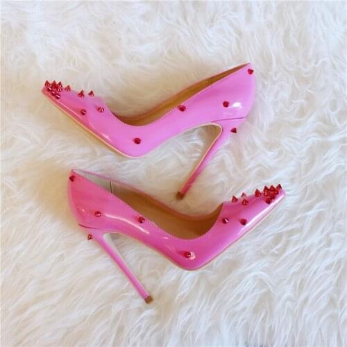 Sweet Pink Patent Leather High Heel Pumps 12CM Red Spike Rivets Pointed Toe Wedding Shoes Bride Sexy Night Club Pump Shoes Women
