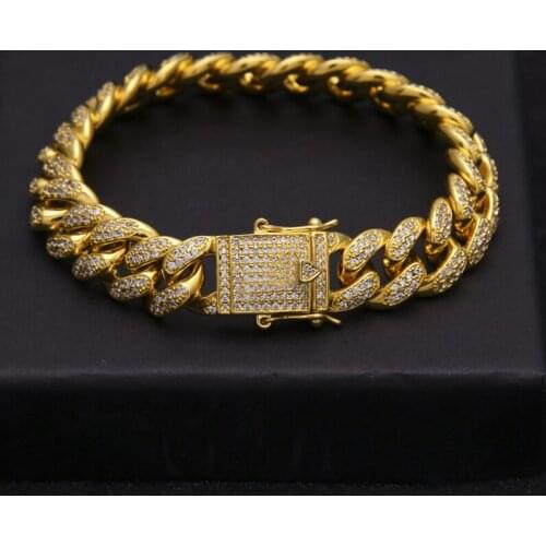 Hip Hop Luxury Crystal Cz Zircon Triple Lock Bracelet 14mm Cuban Link Chain Box Clasp Bling Curb Chains Bangle for Men Jewlery