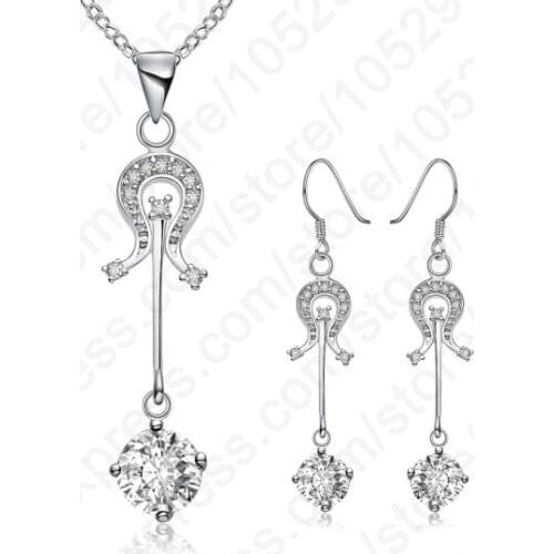 High Quality 925 Sterling Silver Cubic Zirconia Crystal Dangle Hook Earring Pendant Necklace Woman Wedding Jewelry Sets