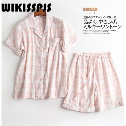 WIKISSPJS Womens Summer Cotton Pajamas Suit Simple Lapel Japanese Lounge Sets Two Piece Set Summer Pajamas for Teen Girls