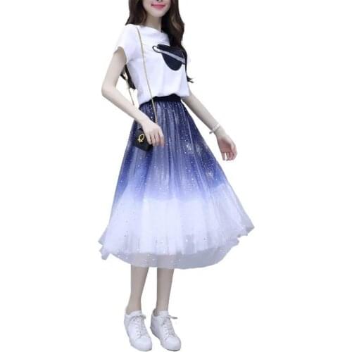Skirts Womens 2021 Skirt + Top Dress Semale New StyleMesh Skirt T-Shirt Short Sleeve Suit Half Skirt Two Piece Set Women