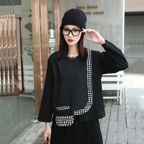 210835 Patchwork Pocket Dot T-shirt Women 2021 Autumn Casual Fashion New style Temperament All Match o-neck Women Clothes