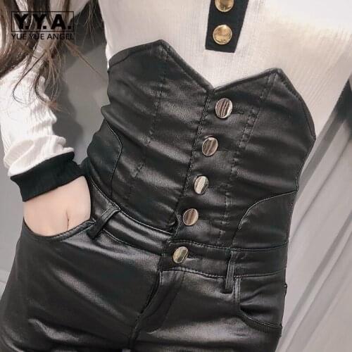 Hot Sexy High Waist Women Pu Leather Pants Button Fly Skinny Leggings Pencil Pants Streetwear Female Faux Leather Long Trousers