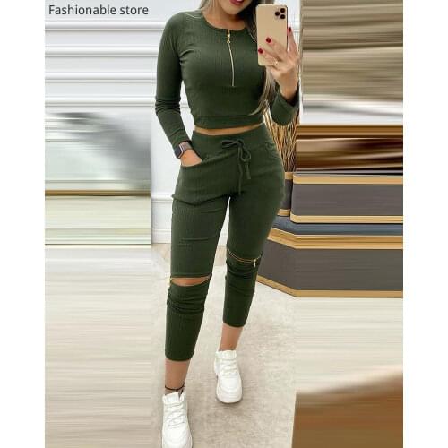 Women 2pcs Suits Solid Ribbed Zipper Design Crop Top and High Waist Drawstring Pants Set