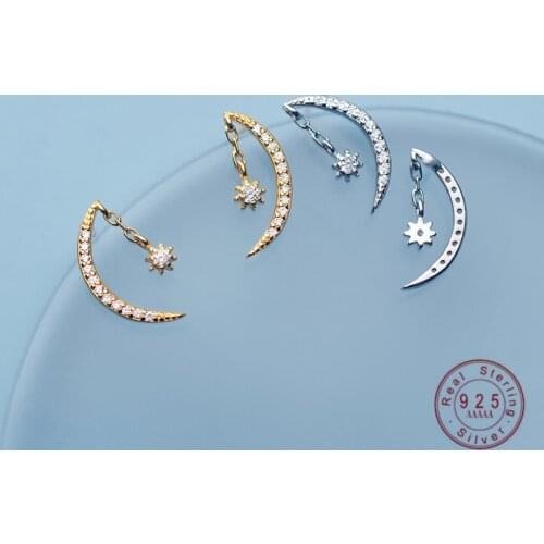 Fashion Korean 100% 925 Sterling Silver Star Moon Stud Earrings for Women Silver Gold Inlaid Crystal Zirconia Crescent Jewelry