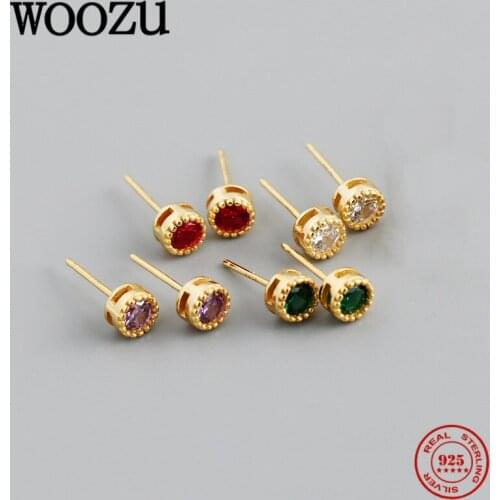WOOZU Real 925 Sterling Silver Minimalism Colorful Round Pave Zircon Stud Earrings For Women Party Teen Punk Rock Jewelry Gifts