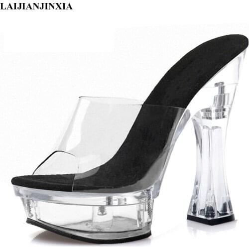 6 Inches Super High Stripper Heeled Shoes Concise Black Pvc Leather Crystal Thick Platform 14 CM Womens Slippers Dance Shoes