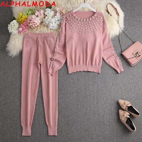 ALPHALMODA 2021 Spring New Heavy Work Beaded Sweater Trousers Leggings Women Luxury 2pcs Suit Xmas New Year Festive Party Set