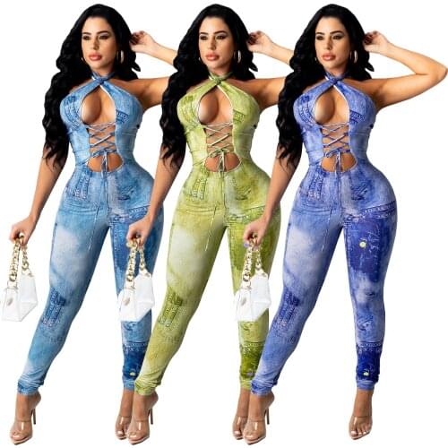 Echoine Nightclub Party Womans Sexy Slim Printed Backless Tube Top Drawstring Sleeveless Bodycon Jumpsuit Outfits Summer 2021
