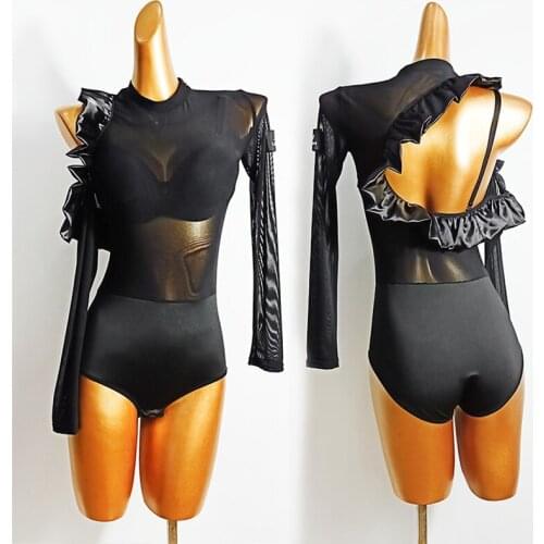 Latin Dance Clothes Sexy Perspective Latin Tops Ruffle Back Leotard Women Practice Dress Tango Ballroom Performance Wear VDB2297