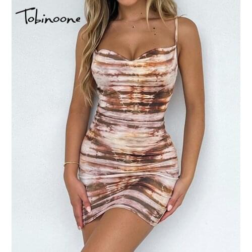 Tobinoone Printe V Neck Bodycon Dresses For Women 2021 Backless Spaghetti Strap Sexy Mini Dress Summer High Waist Party Vestidos