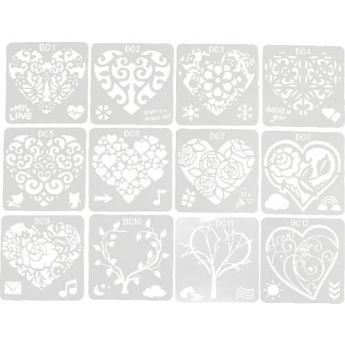 12Pcs Flower Heart Drawing Molds Plastic Children Painting Stencils DIY Paper Art Craft Card Label Scrapbook Bookmark Toy