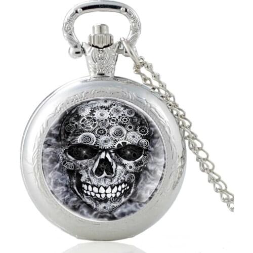 Steampunk Gear Skull Design Vintage Glass Dome Quartz Pocket Watch Men Women Pendant Necklace Hours Clock Gifts