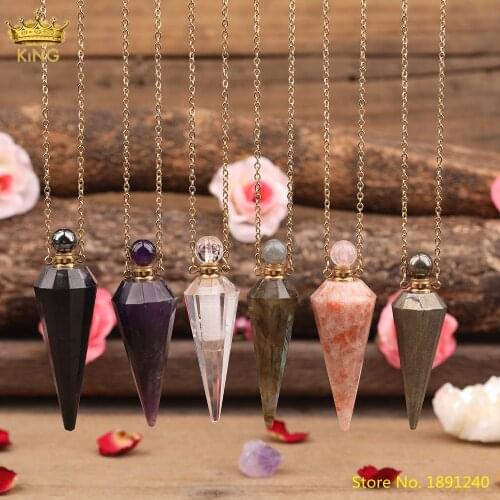 Natural Purple White Roses Quartz Pendulum Perfume Bottle Pendant Women Crystal Essential Oil Vial Gold Necklace Healing Jewelry
