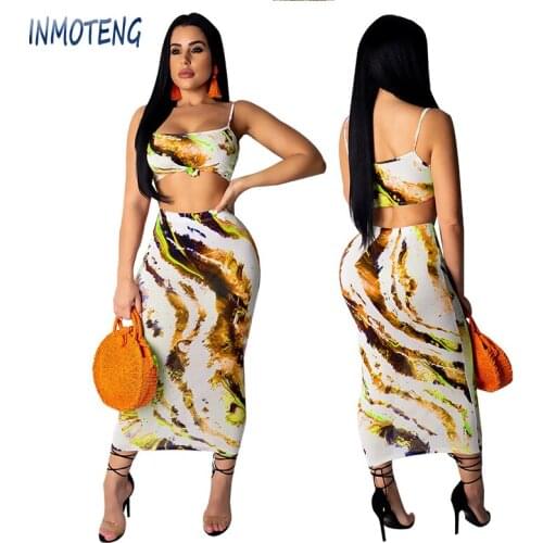 INMOTENG Fashion Print Women Casual Two Piece Set Dress Spaghetti Straps Crop Top Bodycon Midi Skirt Sexy Club Party Skirt Suit
