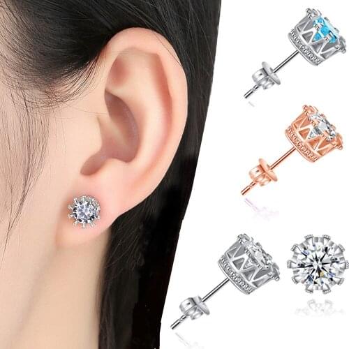 Classic Created Crystal Zircon Ear Stud for Women Anniversary Wedding Round Shape Earrings Jewelry Gift