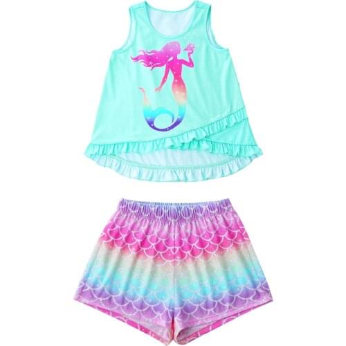 Girls Clothes Set Children Casual Cotton Home Clothing Kids Princess Mermaid Pajamas Girls Vest Tops + Shorts 2Pcs Summer Suit