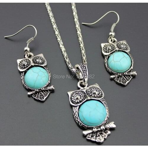 Fashion Womens Tibetan Silver Round Stone Jewelry Set Owl Charm Necklace Earrings Sets Gift MN406