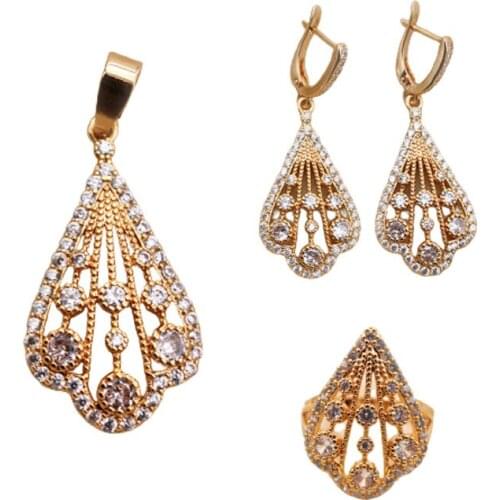 Trendy Wedding Fashion Jewelry Sets accessories White Stone Zircon Women Luxury Dangle Gold Earrings Rings Necklace Pendent